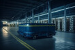 © wetzkaz - parcel package on autonomous Robotic transportation or Automated guided vehicle systems operating transfer box in automated warehouse. Generative AI