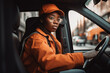 © wetzkaz - african-american female courier, drives a truck or bus. Generative AI