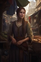 Young Peasant Woman In Marketplace Medieval Fantasy RPG Character Illustration [Generative AI]