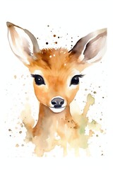 Watercolor cute deer with big eyes. Vector Illustration of woodland animal. Nursery Art. Wall art. Isolated on white background. Generative AI