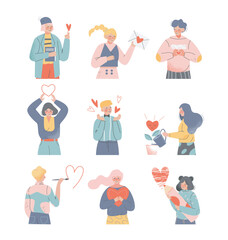 Sticker - Young Enamoured Man and Woman with Love Heart Feeling Passion Vector Set