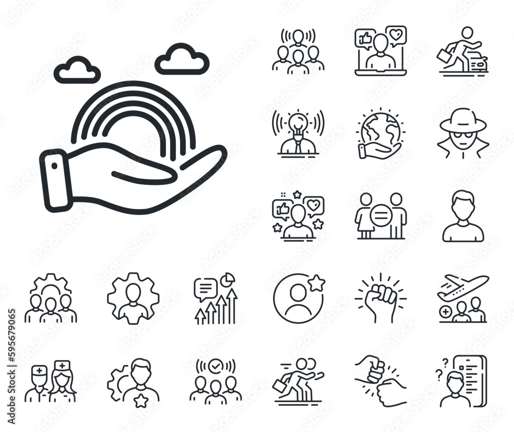 Pride rainbow in hand sign. Specialist, doctor and job competition outline icons. Lgbt line icon. Gender diversity symbol. Lgbt line sign. Avatar placeholder, spy headshot icon. Strike leader. Vector