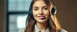 © Adriana - Call center, young woman and smile in contact us with CRM, headset with mic and mockup space. Customer service consultant, happy female and telemarketing with sales and help desk. Generative AI