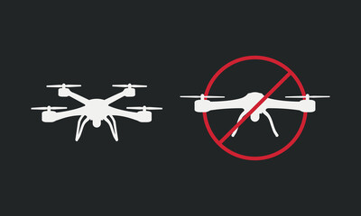 Wall Mural -  Drone with prohibit sign. No fly zone sign. Drone silhouettes  isolated on white background. Vector drone icons.