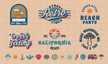 Vintage Logo Set. Set Of 6 Retro Logo Templates And 13 Design Elements. Prints For T-shirt, Typography. Vector Illustration