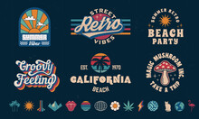 Retro Groovy Logo Templates And 14 Trendy Elements. Print For T-shirt, Banner, Poster, Cover, Badge And Label. Retro 70's Typography Design. Vector Illustration