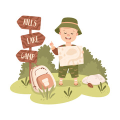 Wall Mural - Cute Boy with Backpack and Map Hiking and Trekking Exploring Nature Vector Illustration