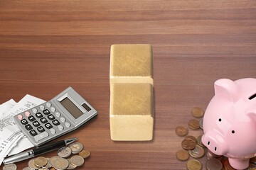 Sticker - wooden blocks cubes,calculator and a ceramic piggy bank