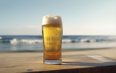 A glass of lager beer on table on a summer beach bar background light beer illustration Generative AI