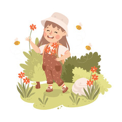 Sticker - Cute Girl with Backpack Hiking Picking Flowers Vector Illustration