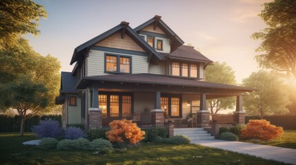 Craftsman exterior house design in daytime golden hour generative ai