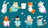 Fototapeta Pokój dzieciecy - Cartoon animals doctors, funny animals with medical tools, stethoscope and syringe. Kids cute nurses in hospital, nowaday vector characters