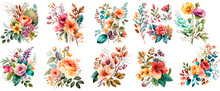 Set Of Floral Watercolor Arrangements For Greeting Card, Invitation Design, Paper Craft, Scrapbooking, Junk Journal, Generative AI 