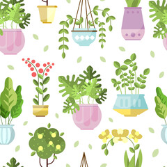 Sticker - Houseplant in Ceramic Pots Growing Indoors Vector Seamless Pattern Template