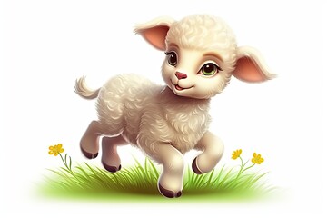 Canvas Print - cute lamb frolicking in a green meadow. Generative AI