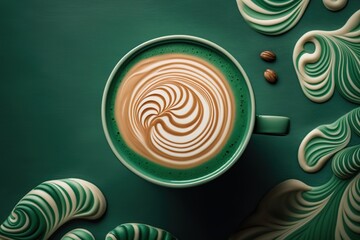 Wall Mural - banner depicting a top view of a coffee cup with latte art on its green surface. generative ai