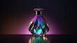 A minimalist and modern perfume bottle design. Bright purple background. Generative AI