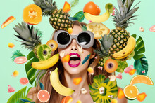 Generative AI Illustration Of Cheerful Young Trendy Female Model With Long Blond Hair And Pink Lips In Fashionable Sunglasses Screaming Happily Against Green Background With Various Exotic Fruits