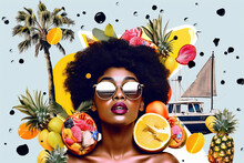 Generative AI Illustration Of Calm African American Woman In Sunglasses With Afro Hairstyle , Palm Tree Representing Summer Concept