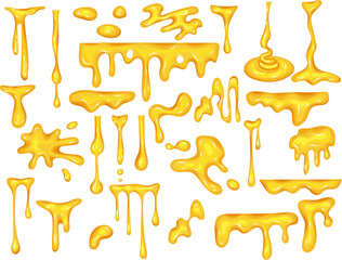 Wall Mural - Liquid honey. Sweet organic natural splashes of yellow food recent vector cartoon template