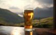 A glass of lager beer on a table on an England hills background light beer illustration Generative AI
