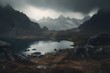 A lake surrounded by rugged mountains and ominous clouds. Generative AI