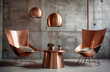 © Vadim Andrushchenko - Two copper lounge hairs against concrete wall. Loft interior design of modern living room. Created with generative AI