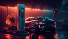 Modern car at standalone electric vehicle charging station. Generative AI