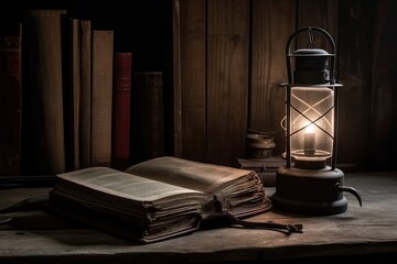 an open book and a lantern on a table. Generative AI