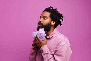 Thoughtful modern guy with gray in his hair holds a cloud in his hands on a purple background, created with Generative AI