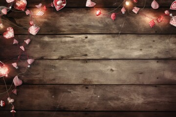 rustic wooden table decorated with heart-shaped ornaments and fairy lights. Generative AI