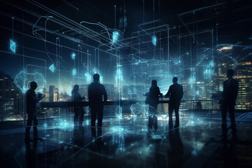 Group of developers working in office, abstract illustrations around, created with Generative AI Technology