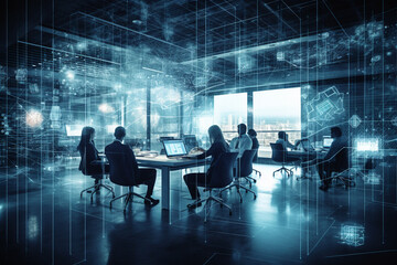 Group of developers working in office, abstract illustrations around, created with Generative AI Technology