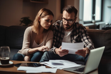 young couple sitting in front of computer, dealing with bills, created with Generative AI Technology