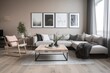 © ChaoticMind - 3D rendering of a modern living room, furnished in Scandinavian style. The room features clean lines, minimalistic design, and a neutral color palette. Generative Ai