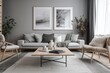 © ChaoticMind - 3D rendering of a modern living room, furnished in Scandinavian style. The room features clean lines, minimalistic design, and a neutral color palette. Generative Ai