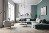 Fototapeta Przestrzenne - 3D rendering of a modern living room, furnished in Scandinavian style. The room features clean lines, minimalistic design, and a neutral color palette. Generative Ai