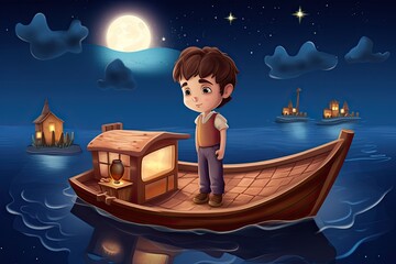 Poster - young boy standing on a small boat surrounded by vast ocean waters. Generative AI