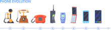 Phone Evolution. History First Telephone Invention To Modern Smartphone, Old Vintage Wire Model And Wireless Mobile Cellphone With 5g Cellular Technology Neat Vector Illustration