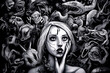 Painting of woman surrounded by lot of dead animals and monsters. Generative AI.