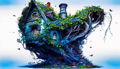 Sticker - Painting of tree house with vines growing out of it's roof. Generative AI.