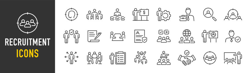 recruitment web icons in line style. headhunting, career, resume, work group, candidate, job hiring,