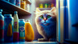 Cat sitting inside of refrigerator next to bottle of orange juice. Generative AI.