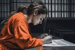© ChaoticMind - Illustration of a female prisoner in an orange jumpsuit sitting in a jail cell. The image is partly rendered as a drawing, giving it a unique and artistic touch . Generative Ai