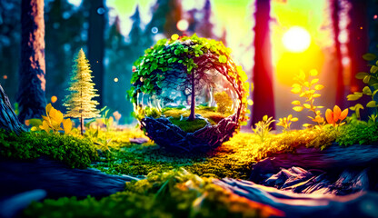 Sticker - Glass ball in the middle of forest filled with grass and trees. Generative AI.