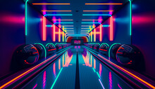 Bowling Alley With Neon Lights And Bowling Ball In The Middle Of It. Generative AI.