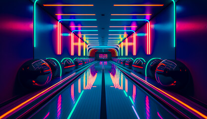 Wall Mural - Bowling alley with neon lights and bowling ball in the middle of it. Generative AI.