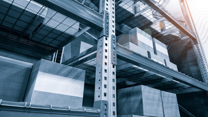 Fototapete - warehouse interior with cardboard boxes on shelves close up