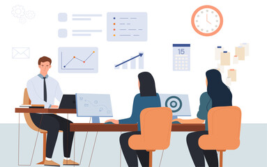 Wall Mural - education meeting concept. man and woman sitting at tables with computers. students study graphs and