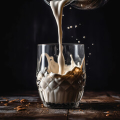 A beautifully composed image of creamy milk pouring into a glass, captured in perfect lighting to highlight its silky texture and delicate color. 
